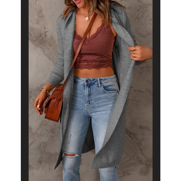 #53 Gray Hooded Long Cardigan w/Pockets! * - Picture 3 of 3
